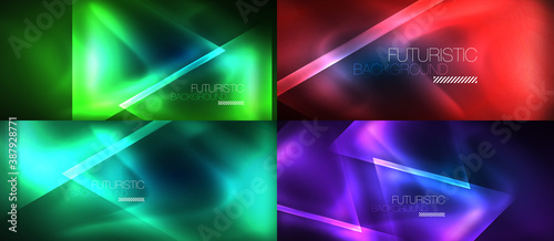 Set of glowing neon triangles designs  geometric abstract backgrounds. Vector illustrations for covers  banners  flyers and posters and other