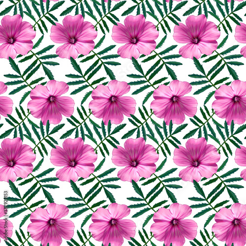 Seamless pattern with pink Geranium flowers and green leaves on white background. Endless colorful floral texture. Raster illustration.