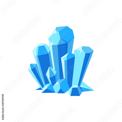 Ice crystals or gem stones. Shimmering crystal druse made of blue mineral isolated in white background. Vector illustration in cartoon style