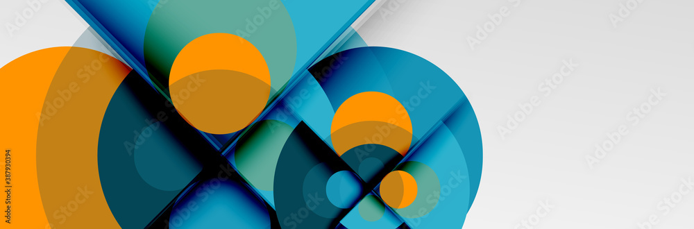 Bright color circles, abstract round shapes and triangles composition with shadow effects. Vector modern geometric design template Bright color circles, abstract round shapes and triangles composition with shadow effects. Vector modern geometric design template
