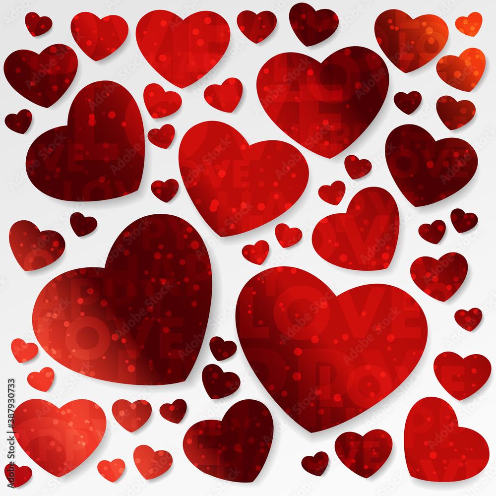 Red foil hearts with confetti, sparkles, dust and lettering love and happy on white background. Vector illustration for Happy Valentines Day. Holiday design. Red foil hearts with confetti, sparkles, dust and lettering love and happy on white background. Vector illustration for Happy Valentines Day. Holiday design.