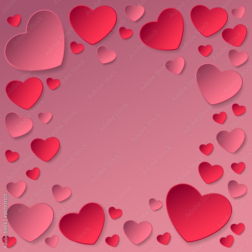 Sticker from red and pink paper hearts on pink background. Vector illustration for Happy Valentines Day. Holiday design.