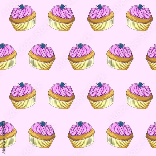 Vector seamless pattern of a cupcake with butter cream and blueberries on top. A sketch of a cake painted as if with markers or watercolors. Hand-drawn illustration.