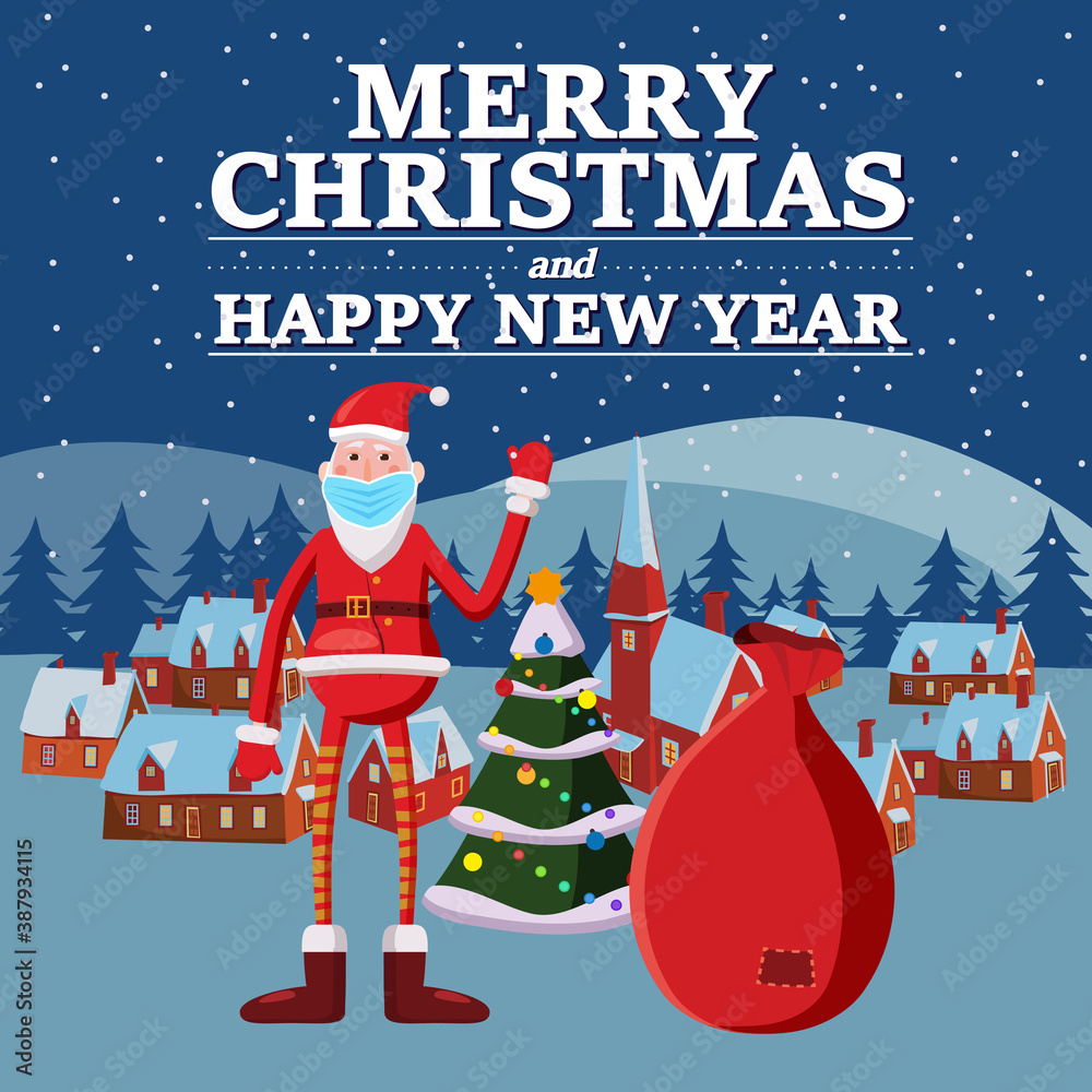 Santa Claus in medical mask covid protection. Social distancing on Merry Christmas holiday, corona virus protection, background town night. Vector illustration Stock Vector | Adobe Stock Santa Claus in medical mask covid protection. Social distancing on Merry Christmas holiday, corona virus protection, background town night. Vector illustration Stock Vector | Adobe Stock