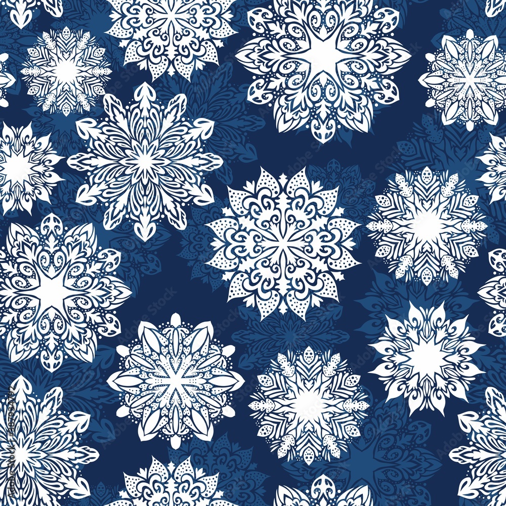 Vector Indigo Blue Ornamental Snowflake Seamless Pattern