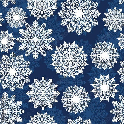 Vector Indigo Blue Ornamental Snowflake Seamless Pattern