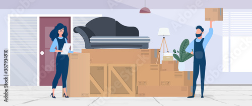 Moving home banner. Moving to a new place. Wooden boxes, cardboard boxes, sofa, houseplant, floor lamp. Isolated. Vector.