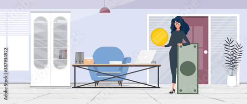 The girl is holding a dollar. Woman with a gold coin in her hands. The concept of earning and successful business. Vector.
