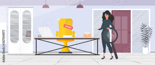 Girl shows on a vacant place. Gold cup in the shape of an office chair. The concept of open work. Vector.