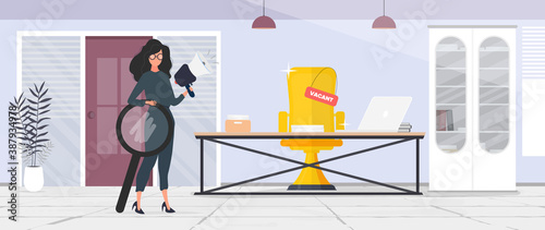 Girl shows on a vacant place. Gold cup in the shape of an office chair. The concept of open work. Vector.