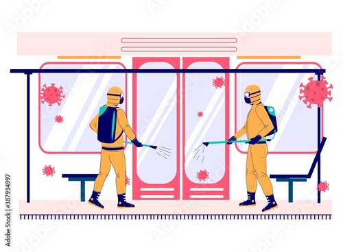 Coronavirus pandemic. People in protective full hazmat suits disinfecting subway metro train, flat vector illustration. Decontamination of public transport. Coronavirus cleaning, disinfection services