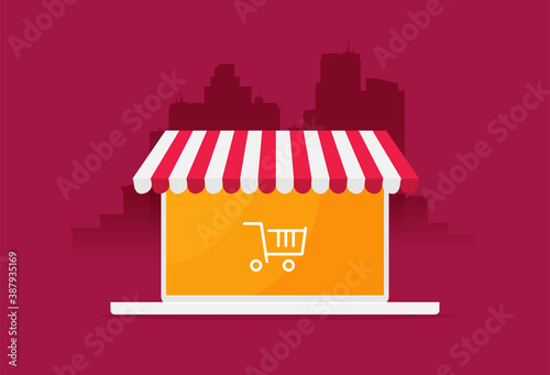 Online store. Sale, Laptop with awning isolated on color background