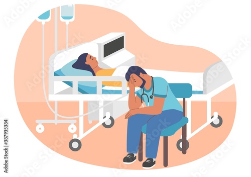 Exhausted overworked doctor or intern sitting on chair in hospital ward next to patient lying on gurney, flat vector illustration. Tired sleepy medical worker. Work burnout, despair.