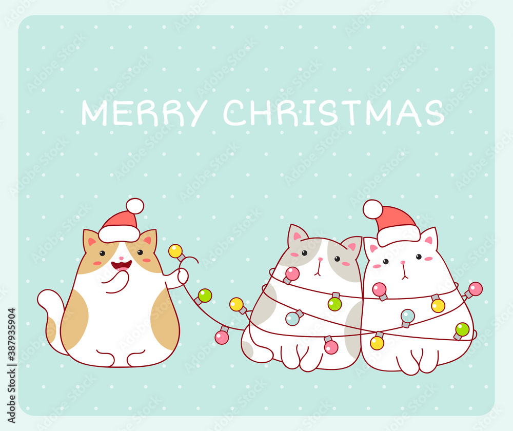 Merry Christmas card with three funny fat cats wrapped xmas garland Merry Christmas card with three funny fat cats wrapped xmas garland