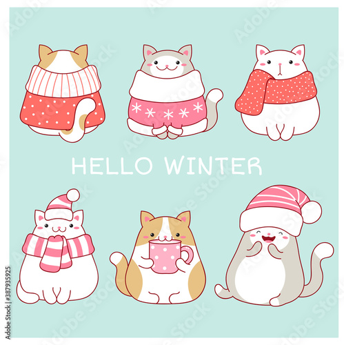 Christmas greeting card with four cute fat cats
