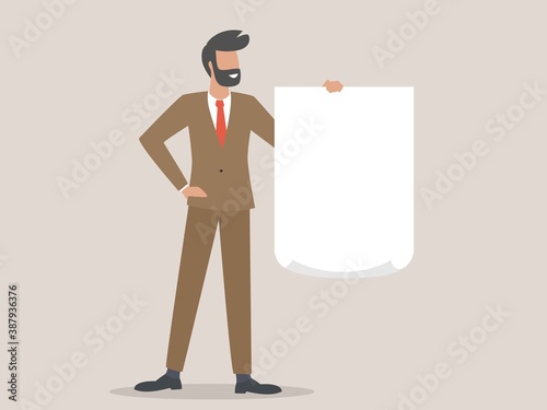 flat cartoon man character holding a blank sheet of paper.
