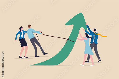 Teamwork and collaboration colleagues, togetherness and support each other to achieve business goal concept, group of businessmen and women office workers help and support to pull arrow rising up.