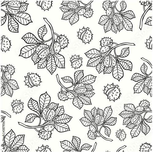 pattern seamless chestnut twig contour vector stroke coloring autumn nature postcard print doodle sketch texture wallpaper background