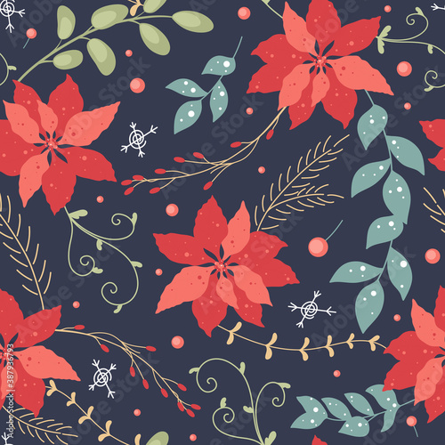 Vector Christmas and New Year seamless pattern with cute hand drawn poinsettia, berries and winter plants. For winter design wrapping paper, gift bag, fabric, textile, holiday ad, digital post, print.
