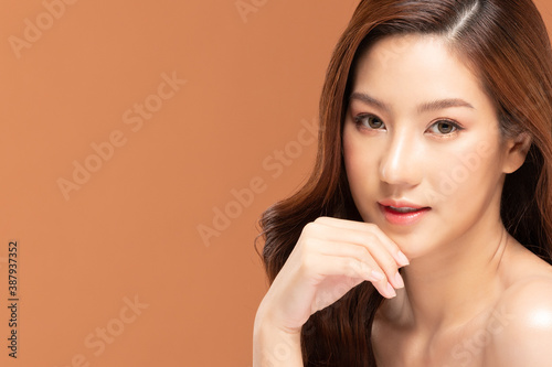 Beauty asian women touching soft chinskin close up face beauty.