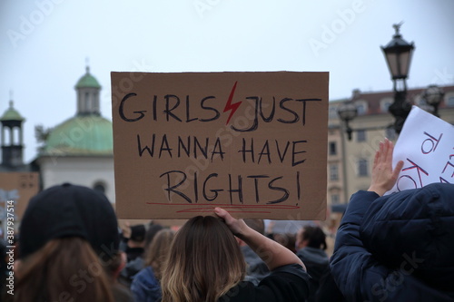 Street protest against strict abortion laws a near-total ban decided by Poland's highest court in October 2020, Krakow photo