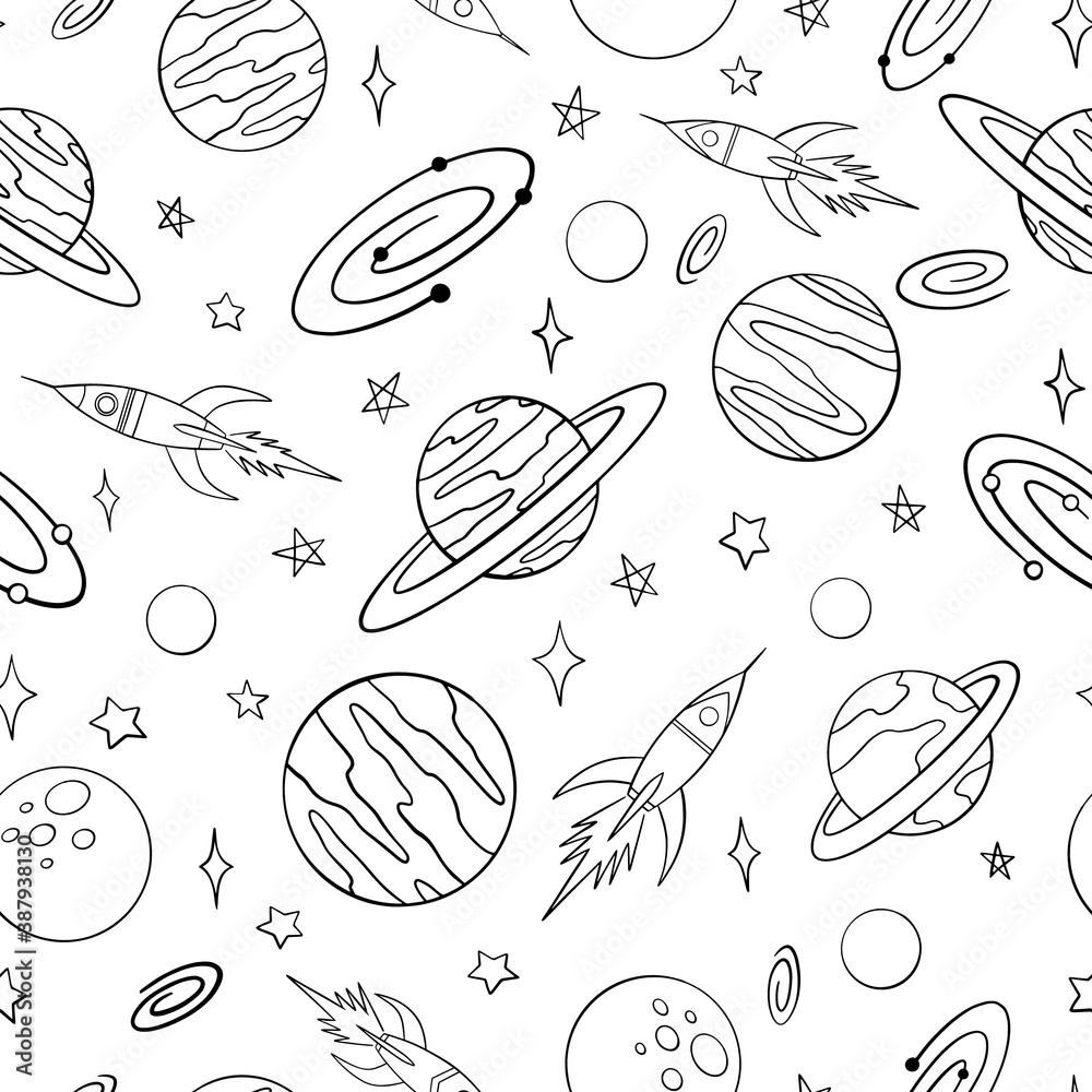 Spaceships and planets doodle seamless pattern. Hand drawn background. Vector illustration for surface design, print, poster, icon, web, graphic designs. Spaceships and planets doodle seamless pattern. Hand drawn background. Vector illustration for surface design, print, poster, icon, web, graphic designs.