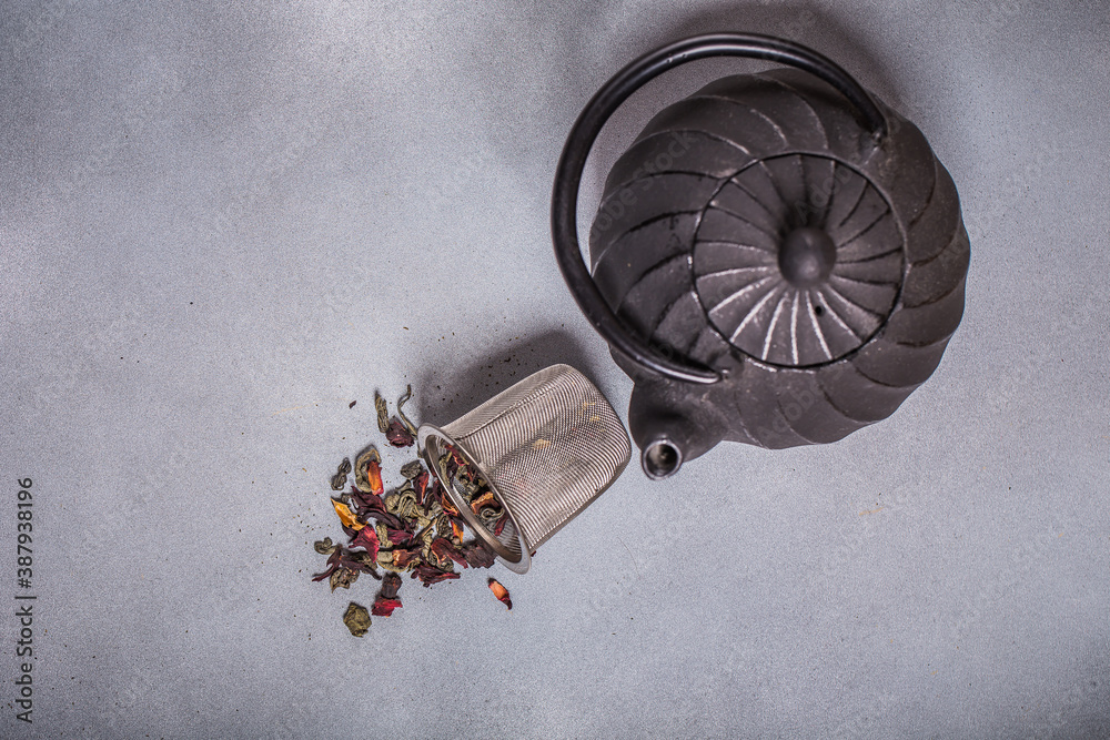 Green tea in iron pot