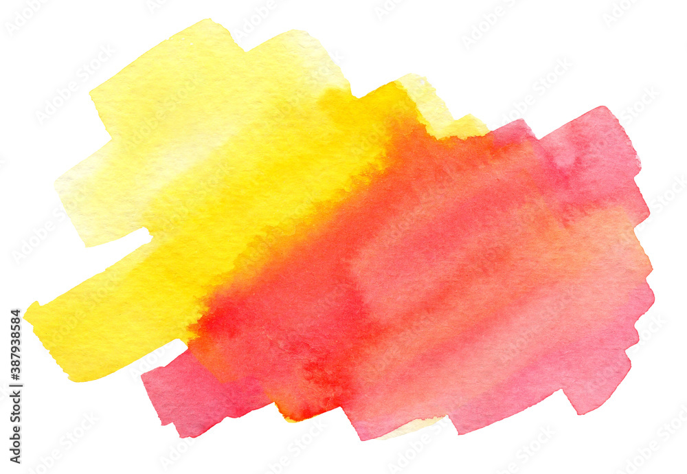 Colorful warm tone of red and yellow watercolor paint mixing into orange using wet on wet technique on rough texture paper for graphic design purpose