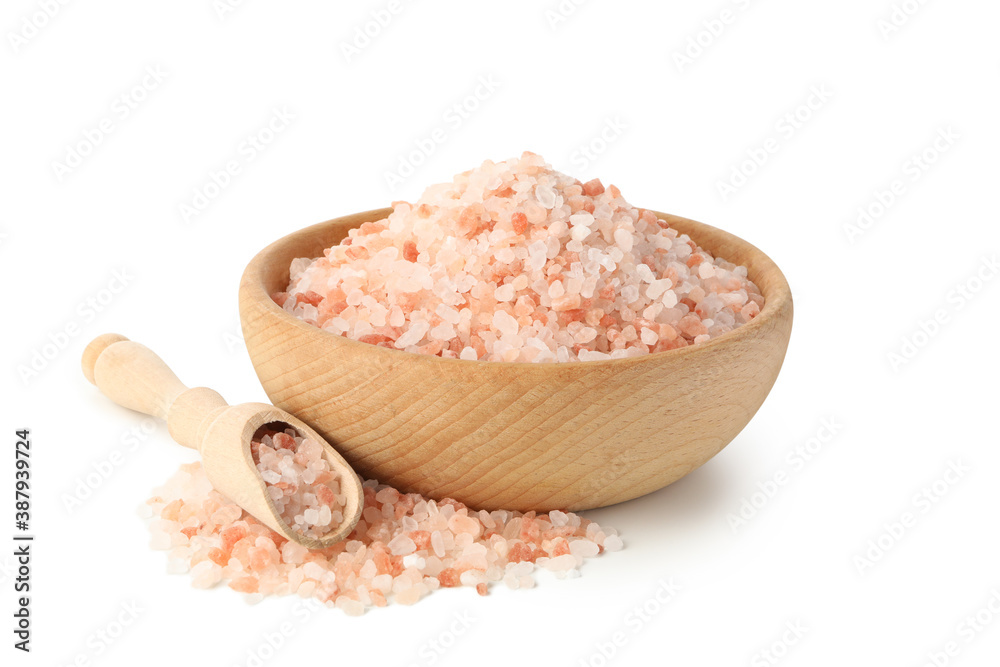 Bowl with pink himalayan salt and scoop isolated on white background Bowl with pink himalayan salt and scoop isolated on white background