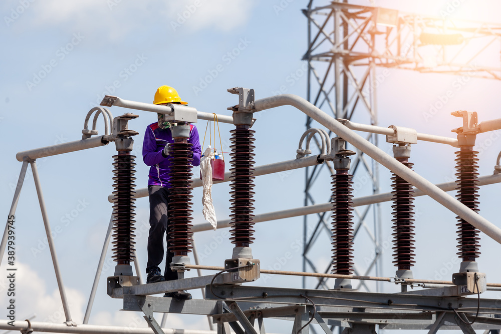 The engineering team is maintaining the 115 KV electrical blades in the switch yard in substation. The engineering team is maintaining the 115 KV electrical blades in the switch yard in substation.