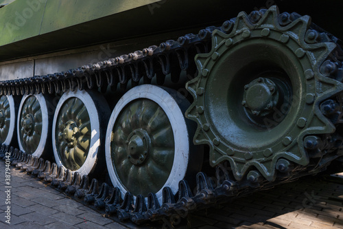 Tank track close-up. Soviet tank truck