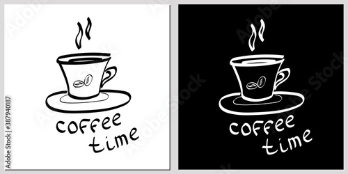 Hand drawn vector illustration with coffee cup and lettering  set of coffee mug on white and dlack background
