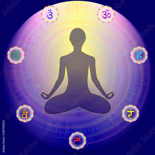 Chakra system-used in yoga. The person energy. Ayurveda, Hinduism. Asana, Padmasana . Vector