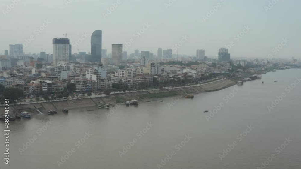 Aerial Shot over Phnom Penh and Tonle Sap river lift off Aerial Shot over Phnom Penh and Tonle Sap river lift off