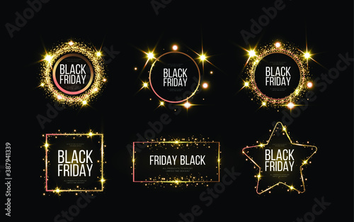 Black friday banner mockup.  A festive golden, glowing frame that is strewn with gold dust.