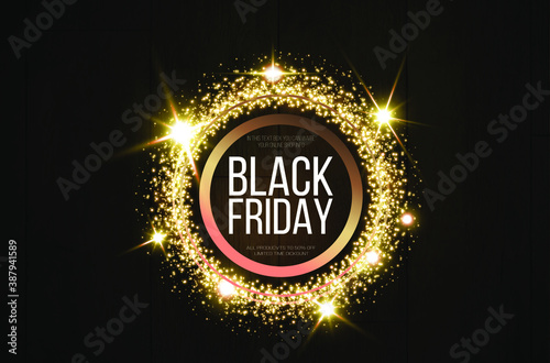Black friday banner mockup.  A festive golden, glowing frame that is strewn with gold dust.