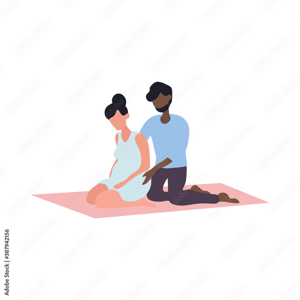Diverse multiracial couple man and pregnant woman performing the exercises in the childbirth preparation course. Flat cartoon vector illustration with fictional characters isolated on white background