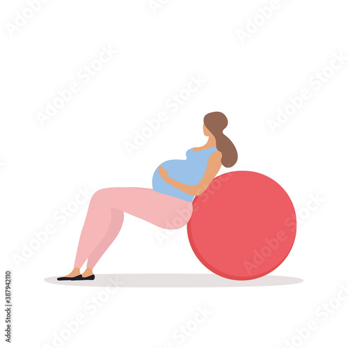 A pregnant woman doing physical exercises while lying on a large red ball. Flat cartoon vector illustration with fictional character isolated on white background.