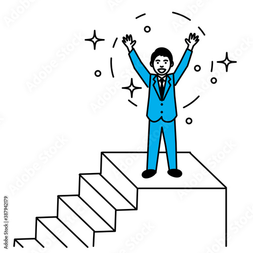 Man rejoicing on the stairs. Vector illustration.