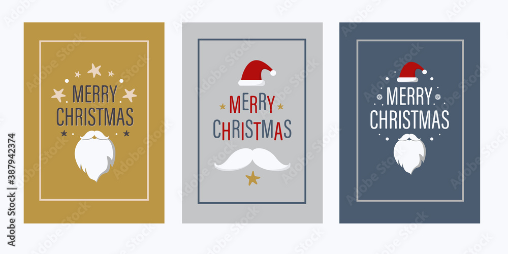 SET Merry Christmas lettering text and Santa Claus hat and beard on blue, grey, yellow backgrounds. Happy New Year trendy design for greeting card, banner, poster. Vector illustration SET Merry Christmas lettering text and Santa Claus hat and beard on blue, grey, yellow backgrounds. Happy New Year trendy design for greeting card, banner, poster. Vector illustration