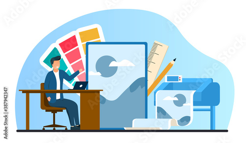 Abstract concept for design studio and typography. A man sitting at his desk and coming up with new design projects. Flat cartoon vector illustration.