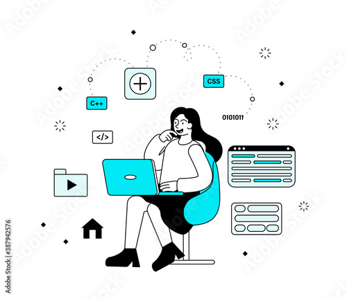 Abstract programming concept with a young inspired female programmer working on laptop. Flat minimal style outline vector illustration with fictional character.