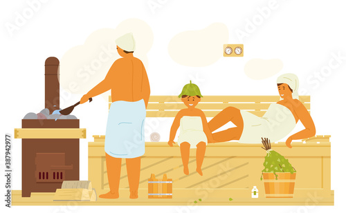 Family In Sauna Taking Steam Bath. Healthy Lifestyle. Bathhouse Interior with Heater, Brooms, Buckets, Bench. Flat Vector Illustration.