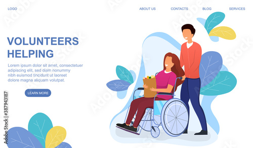 The concept of helping the disabled and handicapped people. Smiling male volunteer driving a happy woman in a wheelchair holding a bag of groceries. Flat cartoon vector illustration. Website template.