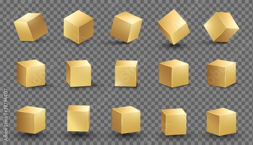 Golden cube. Gold box metallic shape. Vector square block set. 3D cubic objects