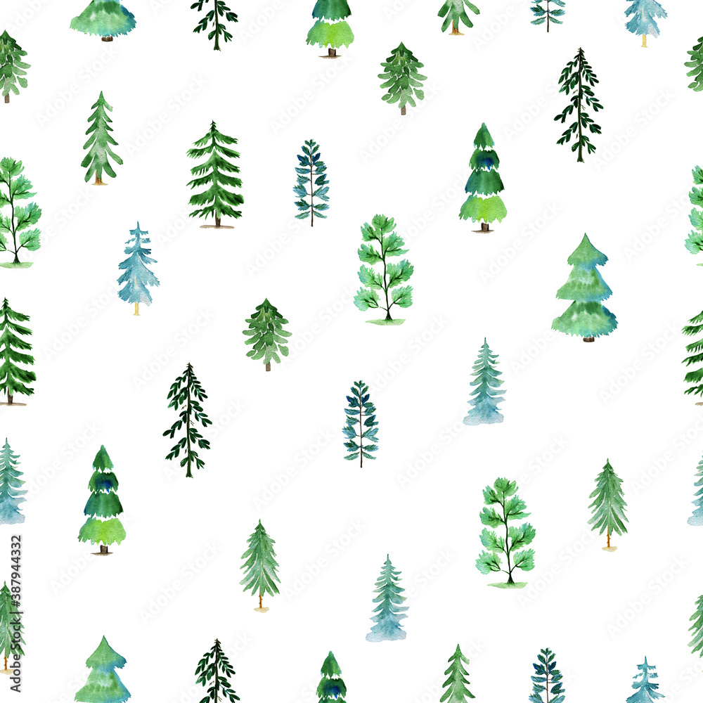 Obraz premium Watercolor holiday pattern with Christmas trees on a white background. Texture for printing, wrapping paper.