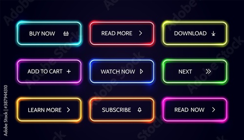 Neom web button. Glow modern colorful action buttons. Vector buy now download read more banner set.