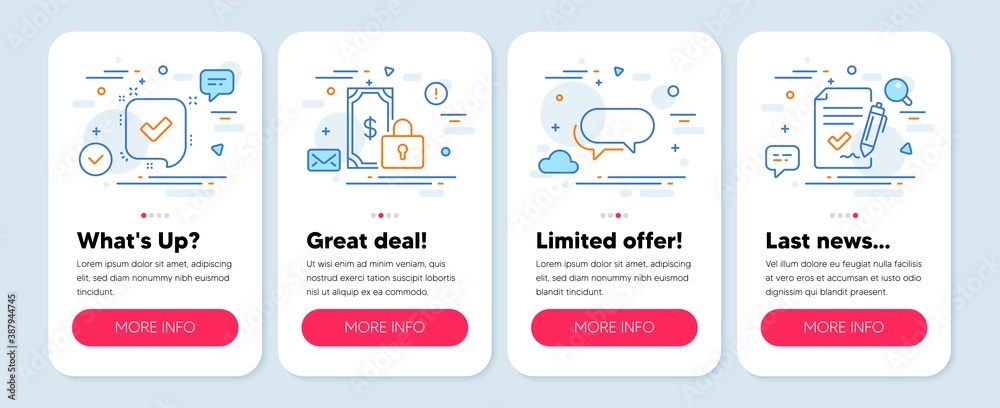 Set of Education icons, such as Private payment, Messenger, Confirmed symbols. Mobile app mockup banners. Approved agreement line icons. Secure finance, Speech bubble, Accepted message. Vector