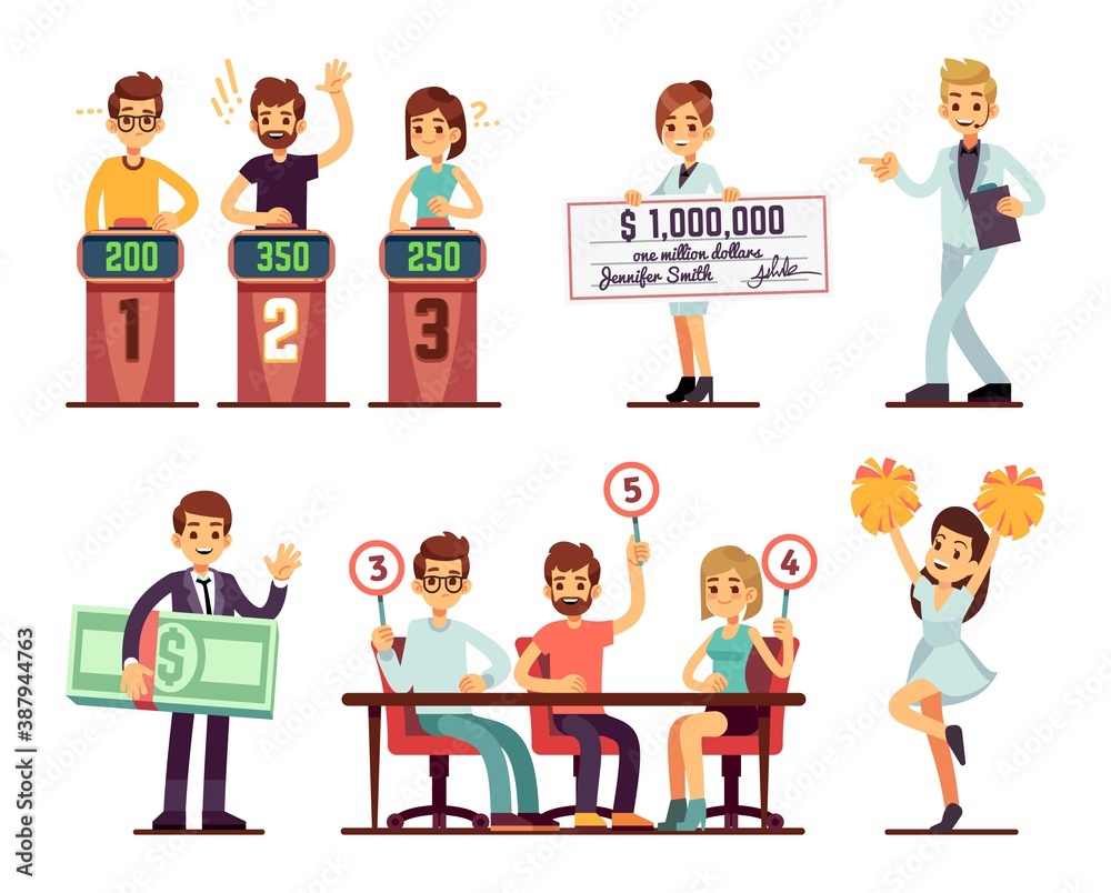 Tv show participants. People jury, showman, girl with prize bank check and rating. Isolated cartoon entertainment characters, fun people and showgirl vector illustration. Jury entertainment, show man