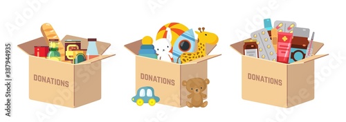 Donations boxes. Donate child toys, food and medications humanitarian aid. Charity kindness, volunteer social assistance. Collect cardboard box with things for poor or homeless vector illustration